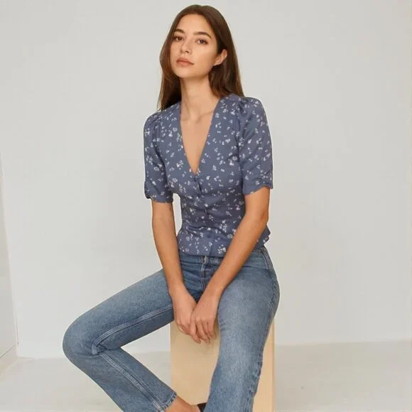 Reformation Ama Floral Puff Sleeve Button Front Top Blue Size S Romantic Blouse - Picture 1 of 11
